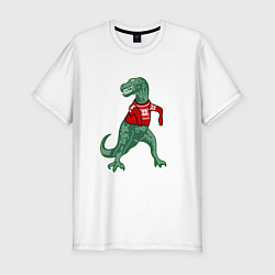 Футболка slim-fit Динозавр в новогоднем свитере, цвет: белый