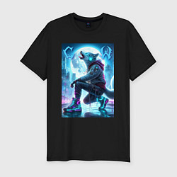 Футболка slim-fit Cyber wolf in metropolis - ai art, цвет: черный