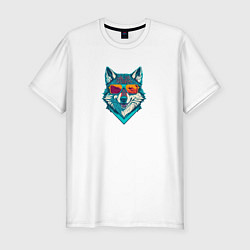 Футболка slim-fit Арт портрет волка в стильных очках, цвет: белый