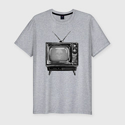 Мужская slim-футболка Старый телевизор черно-белый шум и череп