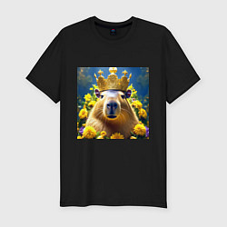 Футболка slim-fit Мем капибара царь на троне и желтые цветы, цвет: черный