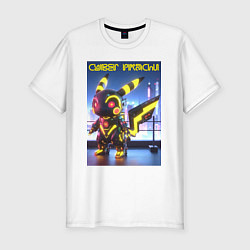 Футболка slim-fit Cyber pikachu - ai art neon glow fantasy, цвет: белый