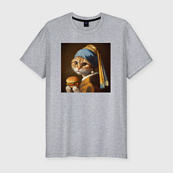 Футболка slim-fit Забавная кошка с бургером в лапах в стиле картины, цвет: меланж