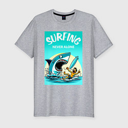 Футболка slim-fit Surfing never alone - shark and surfer, цвет: меланж