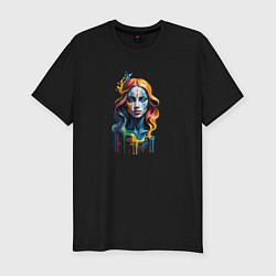 Футболка slim-fit Портрет арт маслом девушка с голубыми каплями, цвет: черный