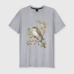 Футболка slim-fit Маленькая птичка на ветке с цветами, цвет: меланж
