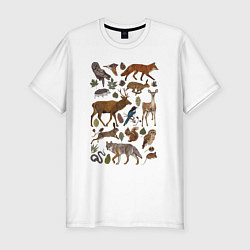 Футболка slim-fit Лесные животные и птицы, цвет: белый