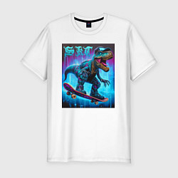 Футболка slim-fit Dude tyrannosaur on a skateboard - ai art, цвет: белый