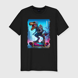 Футболка slim-fit Cyber tyrannosaur on a skateboard - neon glow, цвет: черный