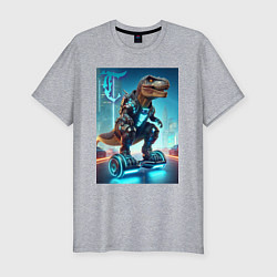 Футболка slim-fit Cyber tyrannosaur on a hoverboard - neon glow fant, цвет: меланж