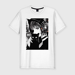 Футболка slim-fit Girl with black kitten anime - cyberpunk, цвет: белый