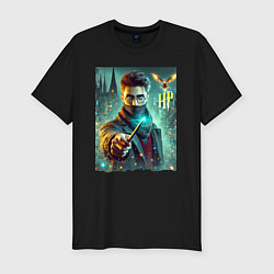 Футболка slim-fit Harry Potter with a magic wand - ai art fantasy, цвет: черный