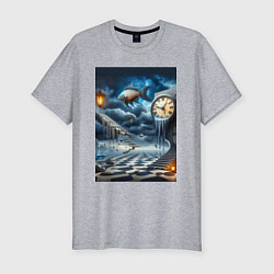 Футболка slim-fit Психоделический пейзаж с часами и рыбой, цвет: меланж