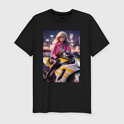 Футболка slim-fit Barbie on a Kawasaki sports motorcycle, цвет: черный