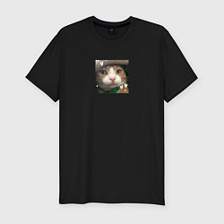 Футболка slim-fit Рыжий кот с сердечками для пары, цвет: черный