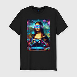 Мужская slim-футболка Mona Lisa is an avid gamer - cyberpunk