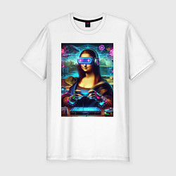 Футболка slim-fit Mona Lisa is an avid gamer - cyberpunk, цвет: белый