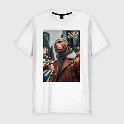 Футболка slim-fit Чувак питбуль смотрящий Нью-Йорка - нейроарт, цвет: белый