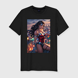 Футболка slim-fit Чудо-женщина на крыше с городским фоном в стиле ко, цвет: черный