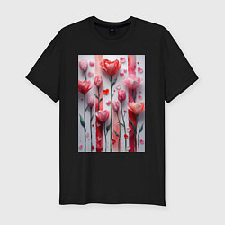 Футболка slim-fit Композиция из цветов и сердечек, цвет: черный