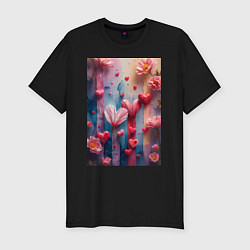 Футболка slim-fit Композиция из цветов и сердечек, цвет: черный