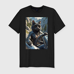 Футболка slim-fit Кот за рулем кабролета, цвет: черный