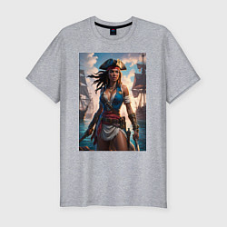 Футболка slim-fit Пиратка на фона флотилии кораблей, цвет: меланж