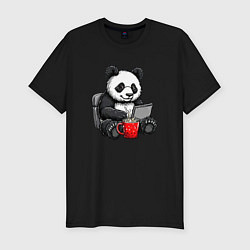 Футболка slim-fit Панда с кофе за ноутбуком, цвет: черный