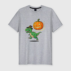 Футболка slim-fit Динозавр волшебник и тыква, цвет: меланж