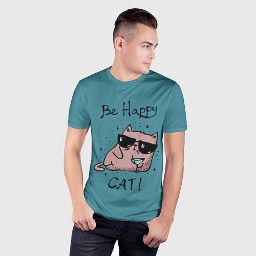 Мужская спорт-футболка Be Happy Cat / 3D-принт – фото 3