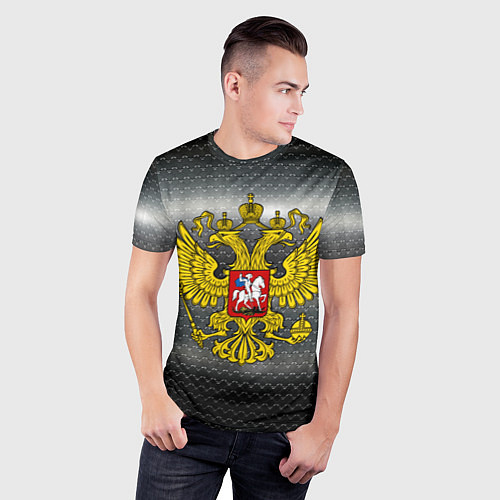 Мужская спорт-футболка Герб России на металлическом фоне / 3D-принт – фото 3