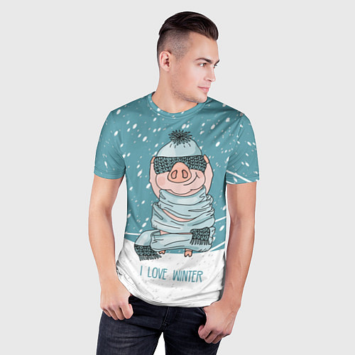 Мужская спорт-футболка Pig: I love winter / 3D-принт – фото 3