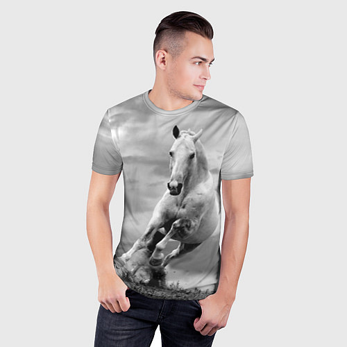 Мужская спорт-футболка Белая лошадь в степи / 3D-принт – фото 3