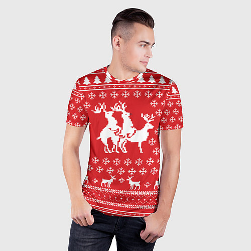 Мужская спорт-футболка Свитер с оленями красный / 3D-принт – фото 3