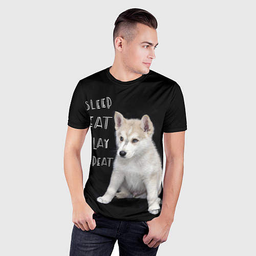 Мужская спорт-футболка Sleep Eat Play Repeat Хаски щенок / 3D-принт – фото 3