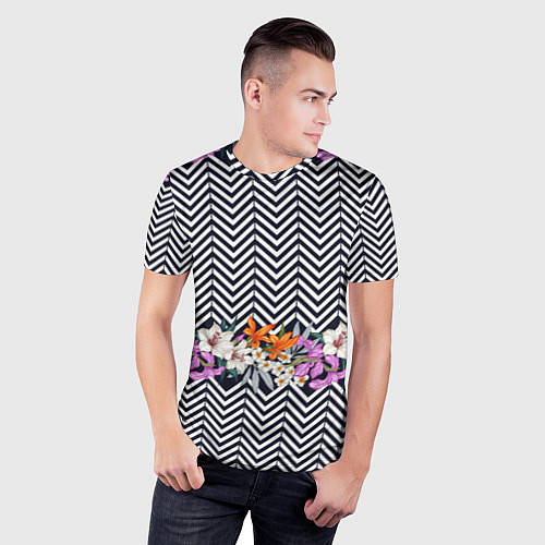 Мужская спорт-футболка Тропически цветы с орнаментом / 3D-принт – фото 3