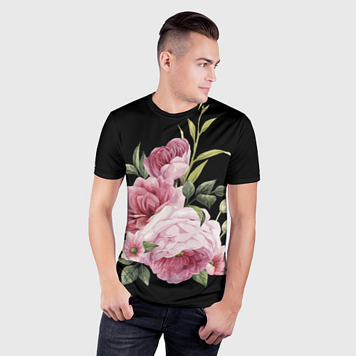 Мужская спорт-футболка Пионы на чёрном / 3D-принт – фото 3