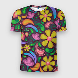 Мужская спорт-футболка Летние цветы узор на темном