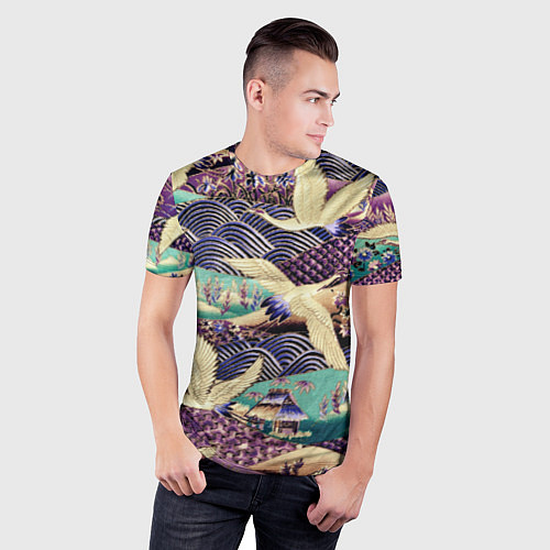 Мужская спорт-футболка Японская вышивка с журавлями / 3D-принт – фото 3