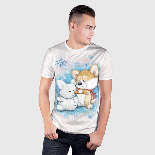 Мужская спорт-футболка Корги и снеговик / 3D-принт – фото 3