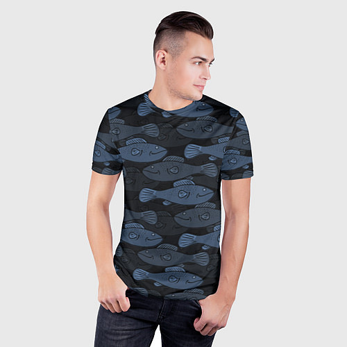 Мужская спорт-футболка Синие рыбы на темном фоне / 3D-принт – фото 3