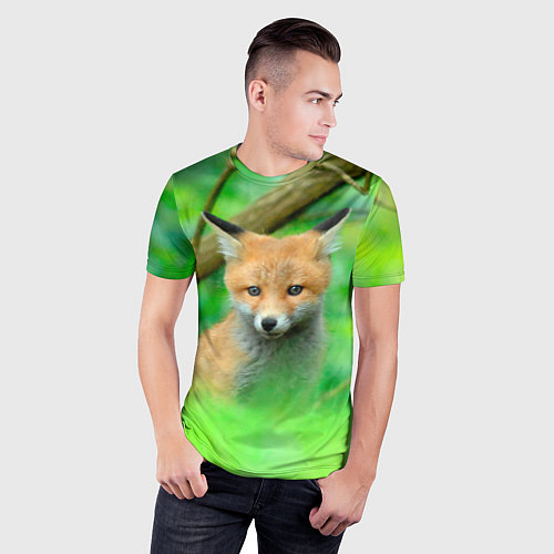 Мужская спорт-футболка Лисенок в зеленом лесу / 3D-принт – фото 3