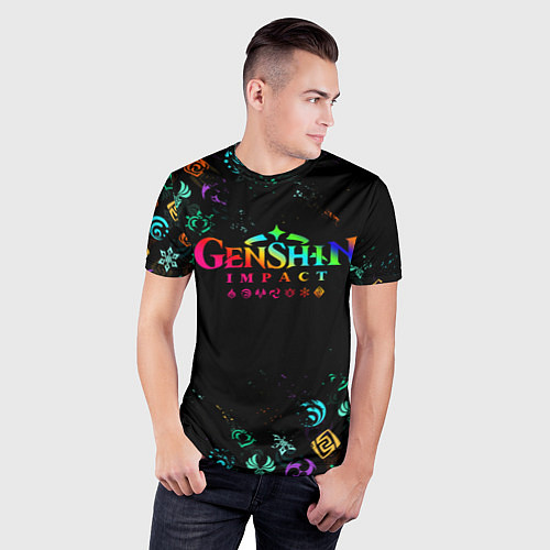 Мужская спорт-футболка GENSHIN IMPACT NEON LOGO RAINBOW STYLE, ЭМБЛЕМЫ / 3D-принт – фото 3