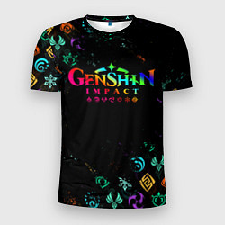 Мужская спорт-футболка GENSHIN IMPACT NEON LOGO RAINBOW STYLE, ЭМБЛЕМЫ