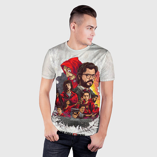 Мужская спорт-футболка Бумажный дом на бумажном фоне герои и злодеи / 3D-принт – фото 3