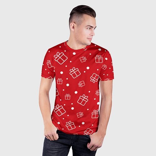 Мужская спорт-футболка Новогодние подарки на красном фоне / 3D-принт – фото 3