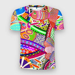 Мужская спорт-футболка Разноцветные яркие рыбки на абстрактном цветном фо