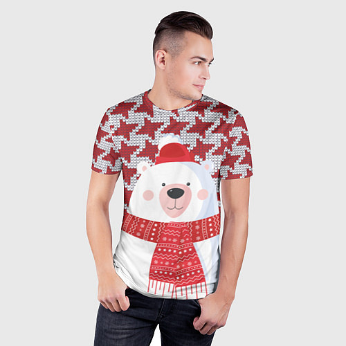 Мужская спорт-футболка Белый мишка в шапочке и шарфе / 3D-принт – фото 3