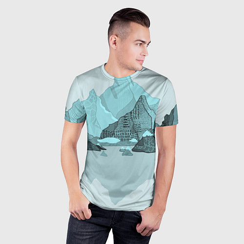 Мужская спорт-футболка Голубой горный пейзаж с темно-серыми тенями / 3D-принт – фото 3