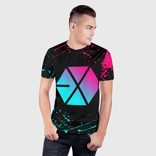 Мужская спорт-футболка EXO BAND NEON LOGO НЕОНОВЫЕ БРЫЗГИ КРАСОК / 3D-принт – фото 3